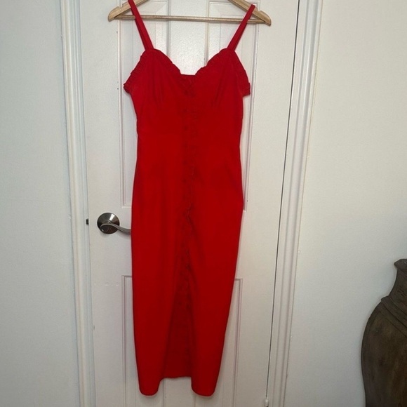 NWT TOPSHOP Red Button Down Ruffle Hem Midi Dress Women’s 2 Sundress Valentines - Picture 3 of 10